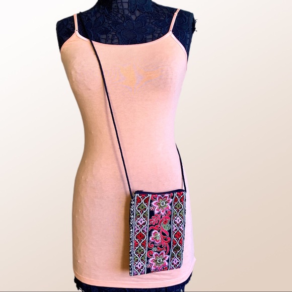 PINK Black Floral Boho Fabric Crossbody Pouch - Picture 1 of 6